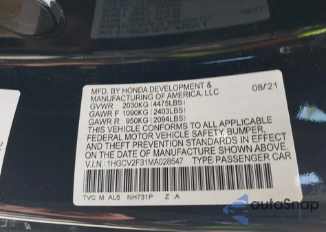 2021 Honda Accord Sport 2.0T from USA, damaged, VIN 1HGCV2F31MA028547